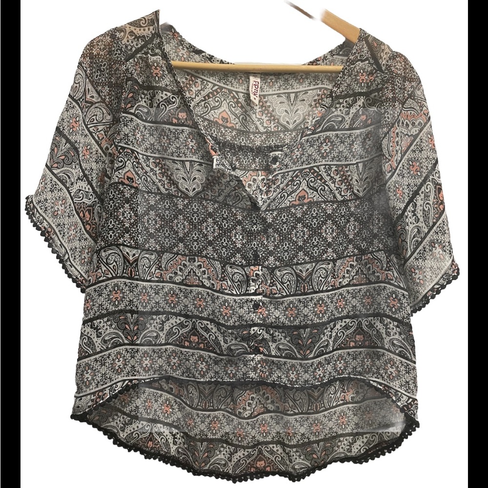 Mudd Women's Paisley Sheer Top Shirt Medium Y2K Black Soft Rose Boho Festival